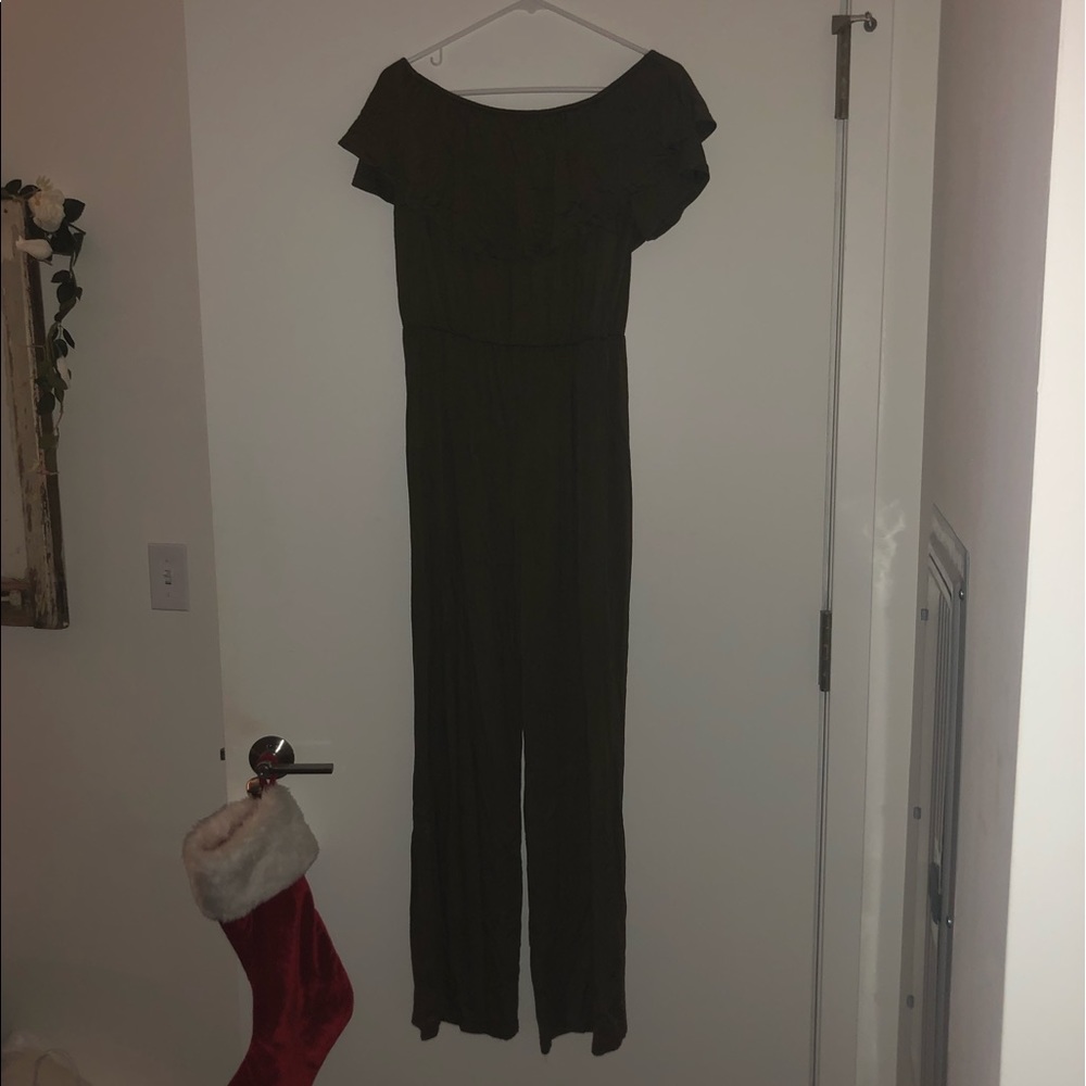 Off the shoulder jumpsuit in olive green